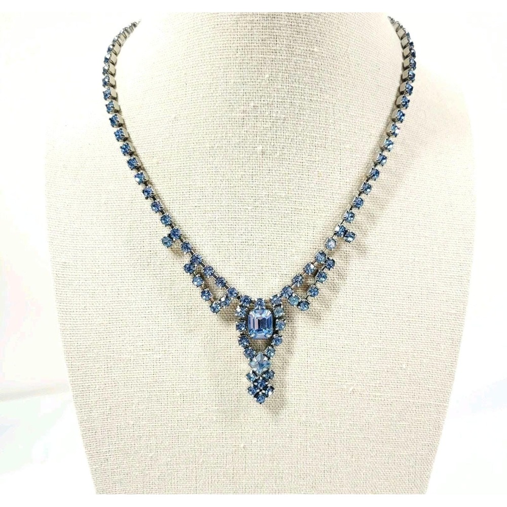 Vintage Ice Blue Lavalier Drop Rhinestone Choker Necklace Mid Century Cocktail